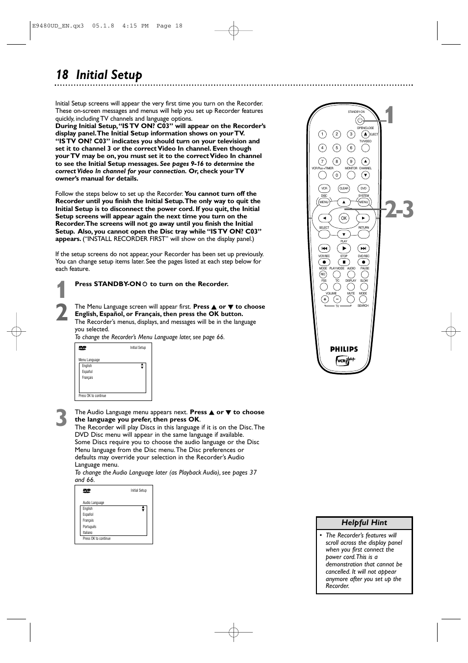 18 initial setup, Helpful hint | Philips DVDR600VR-37B User Manual | Page 18 / 88