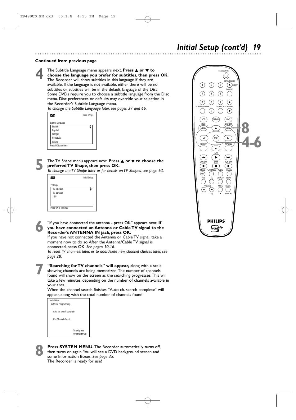 Initial setup (cont’d) 19 | Philips DVDR600VR-37B User Manual | Page 19 / 88