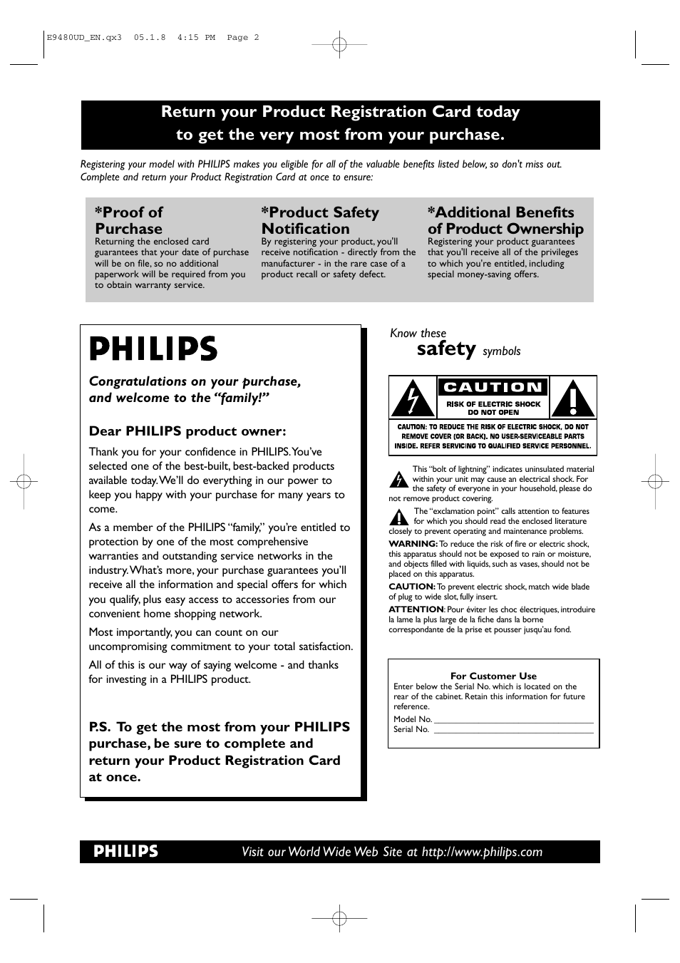 Safety, Proof of purchase, Product safety notification | Additional benefits of product ownership | Philips DVDR600VR-37B User Manual | Page 2 / 88