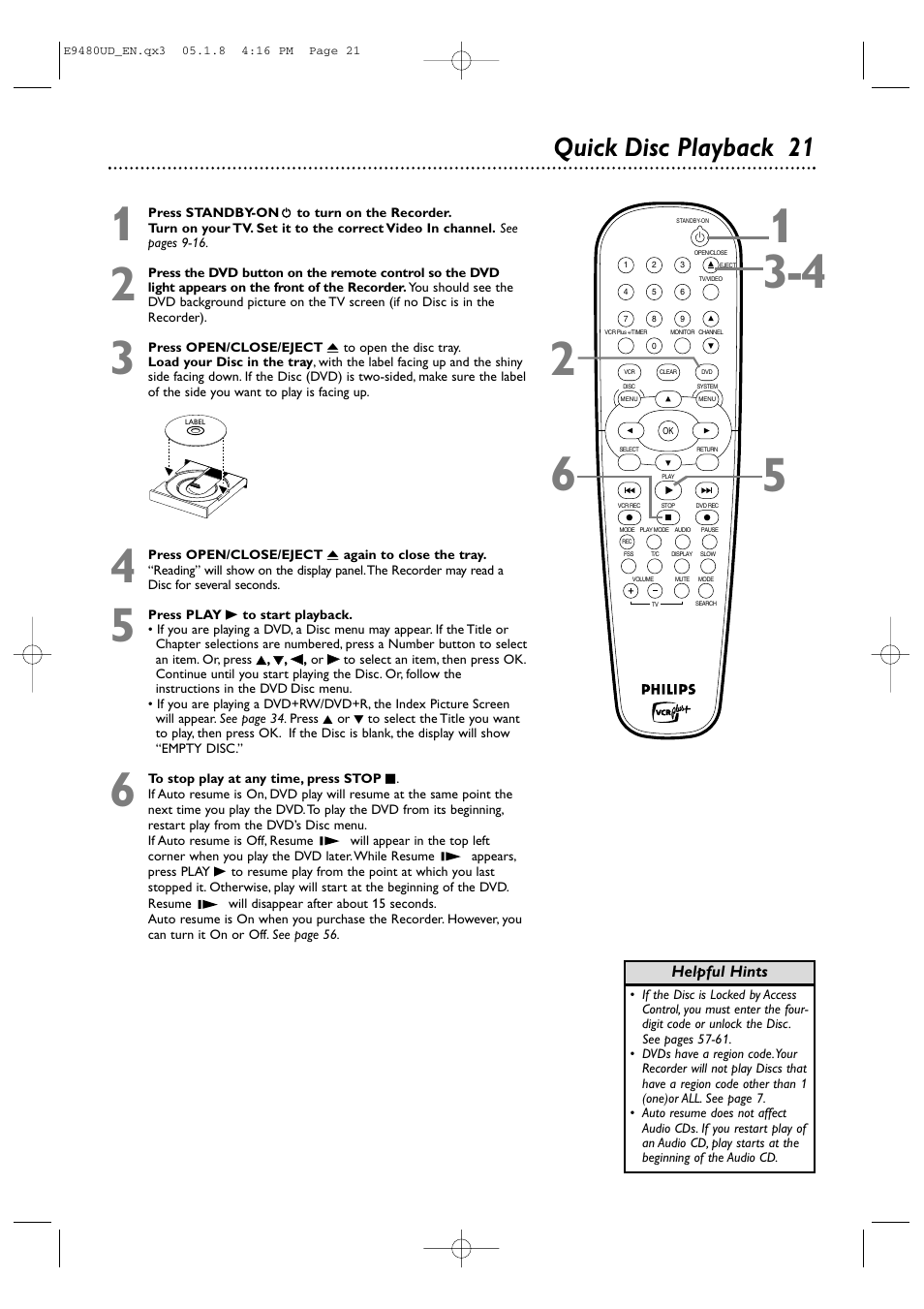 Quick disc playback 21 | Philips DVDR600VR-37B User Manual | Page 21 / 88