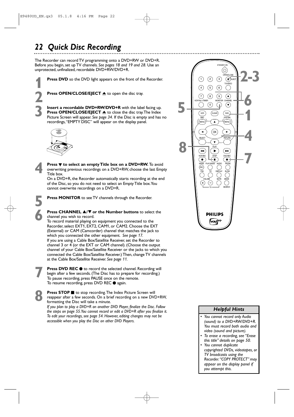 22 quick disc recording | Philips DVDR600VR-37B User Manual | Page 22 / 88