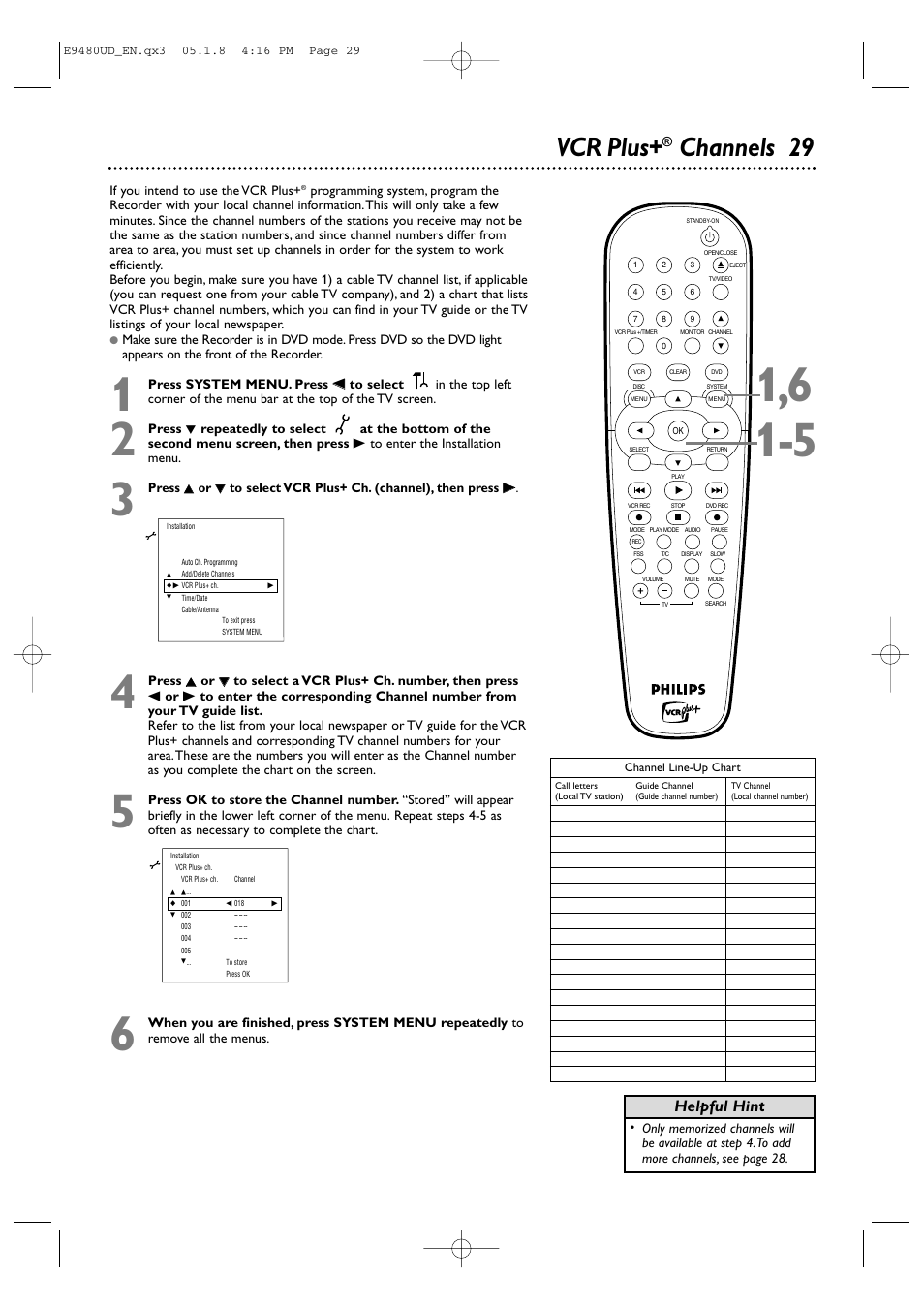 Vcr plus, Channels 29, Helpful hint | Philips DVDR600VR-37B User Manual | Page 29 / 88