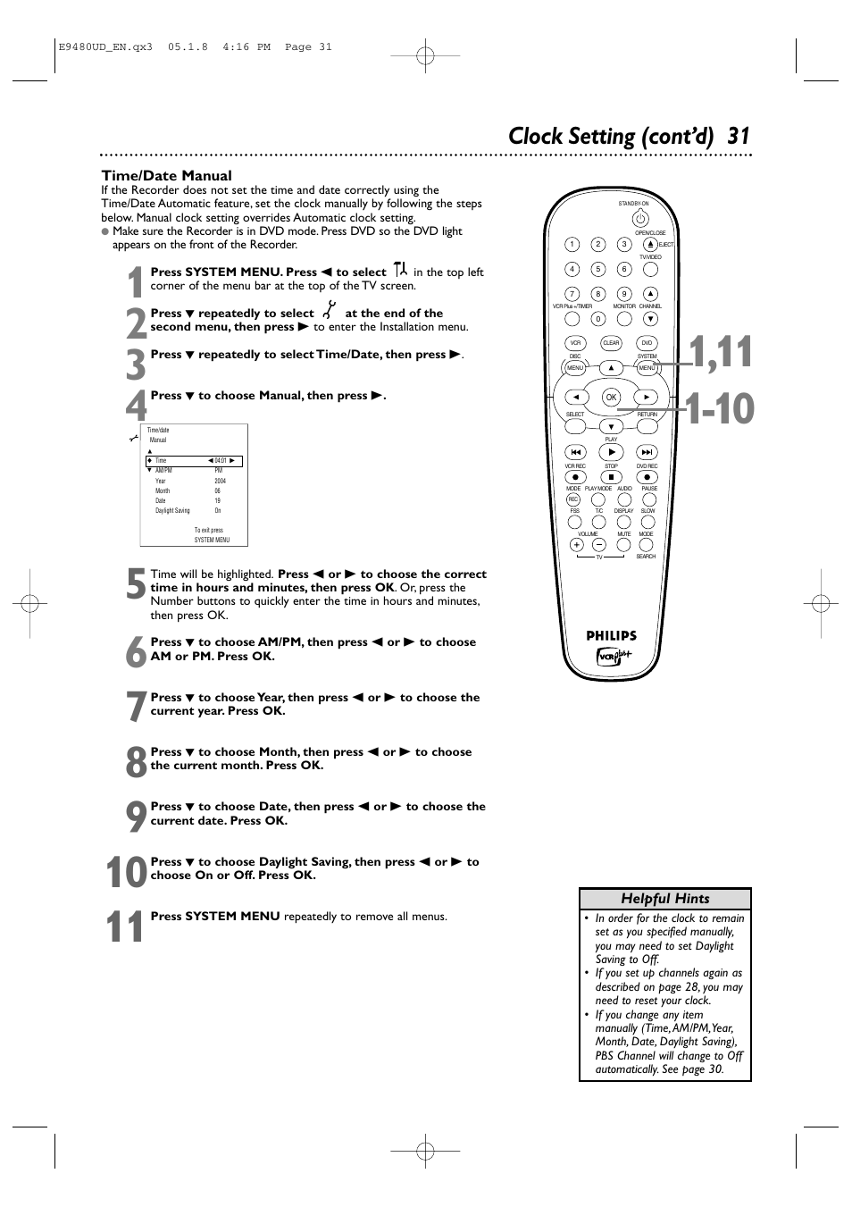 Clock setting (cont’d) 31 | Philips DVDR600VR-37B User Manual | Page 31 / 88