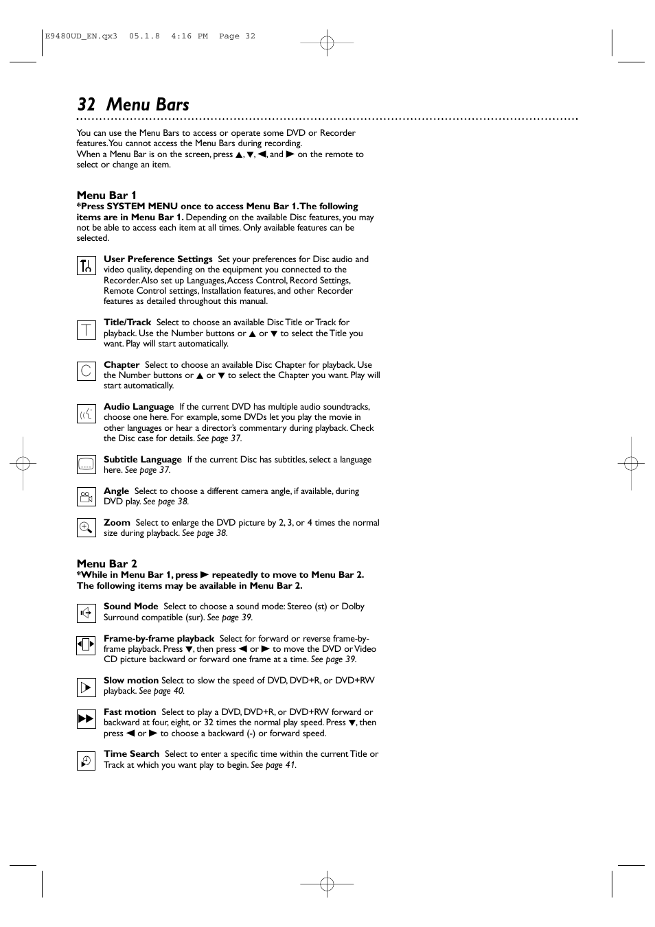 32 menu bars | Philips DVDR600VR-37B User Manual | Page 32 / 88