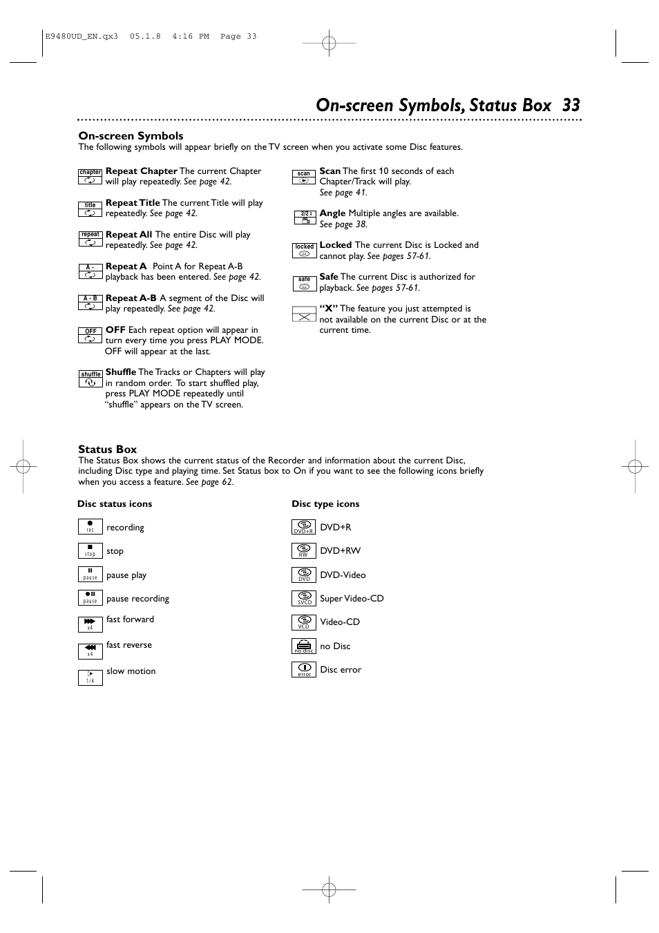 On-screen symbols, status box 33, Status box, On-screen symbols | Philips DVDR600VR-37B User Manual | Page 33 / 88