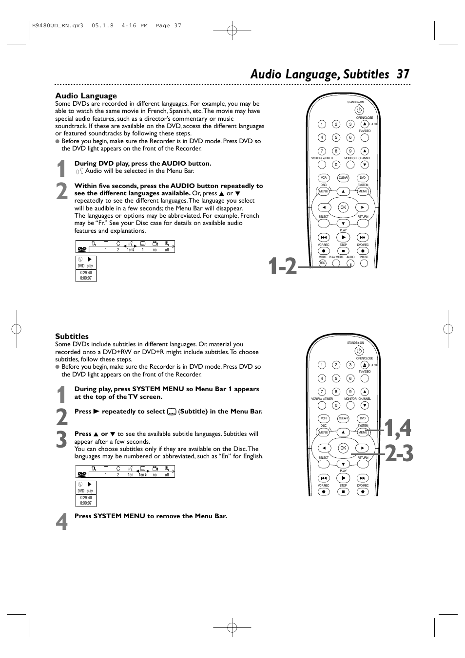 Audio language, subtitles 37, Audio language, Subtitles | Philips DVDR600VR-37B User Manual | Page 37 / 88