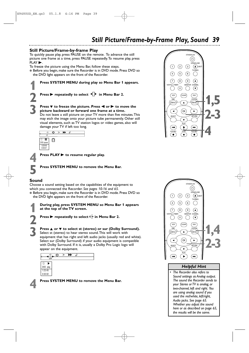 Still picture/frame-by-frame play, sound 39 | Philips DVDR600VR-37B User Manual | Page 39 / 88