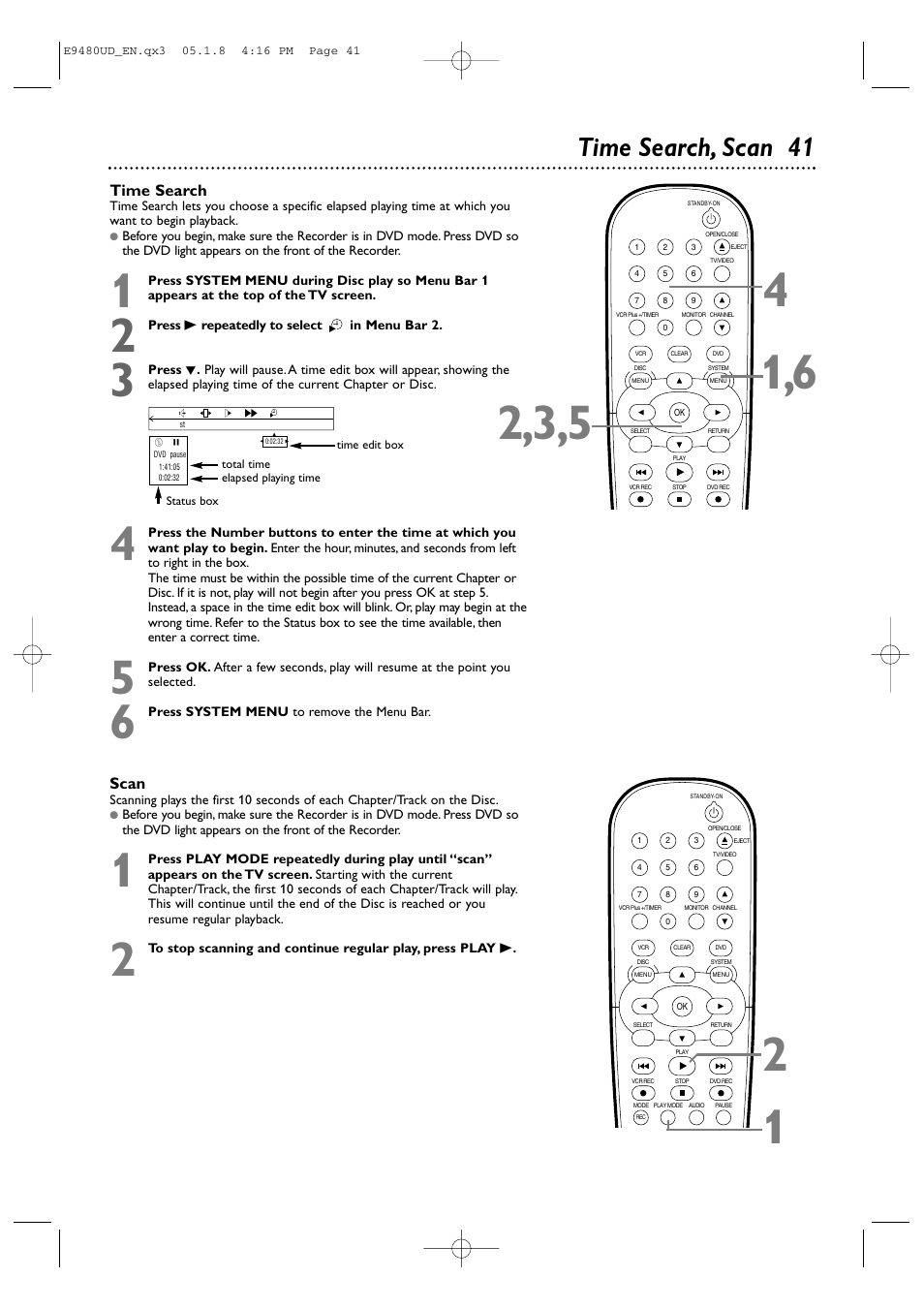 Time search, scan 41 | Philips DVDR600VR-37B User Manual | Page 41 / 88