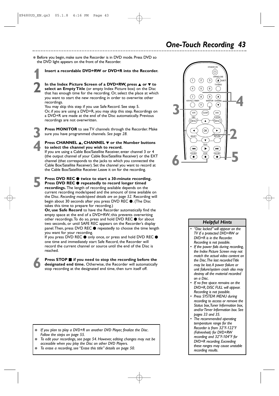 One-touch recording 43 | Philips DVDR600VR-37B User Manual | Page 43 / 88