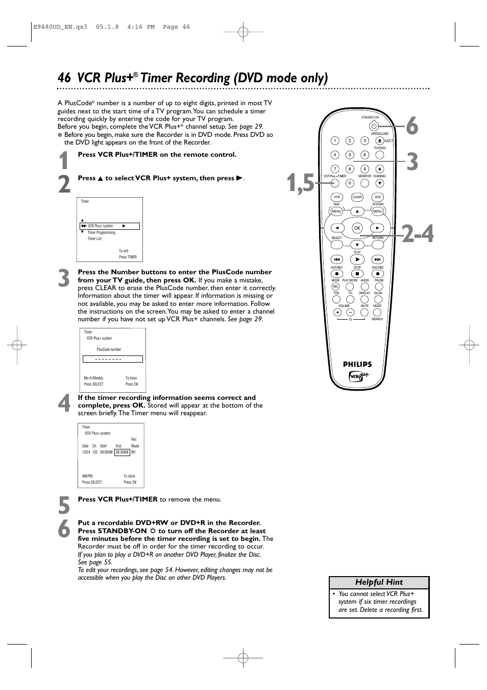 46 vcr plus, Timer recording (dvd mode only), Helpful hint | Philips DVDR600VR-37B User Manual | Page 46 / 88