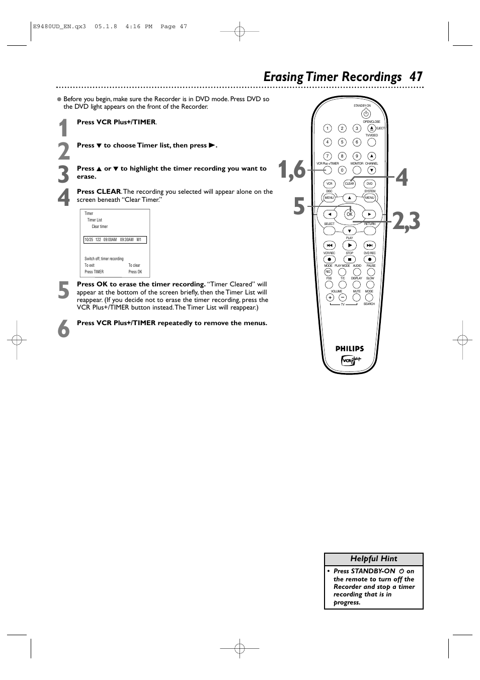 Erasing timer recordings 47 | Philips DVDR600VR-37B User Manual | Page 47 / 88