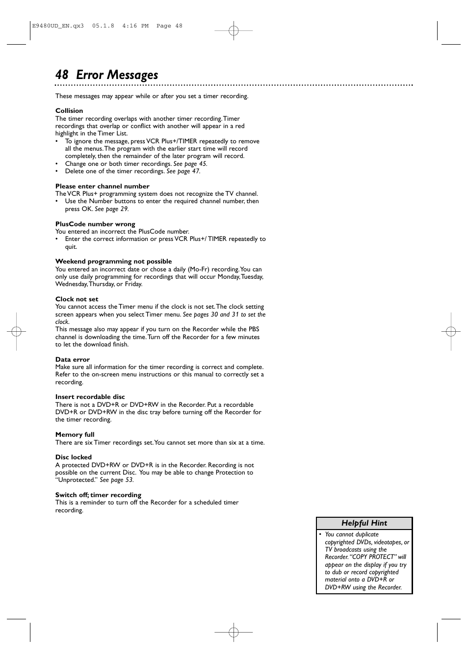 48 error messages | Philips DVDR600VR-37B User Manual | Page 48 / 88