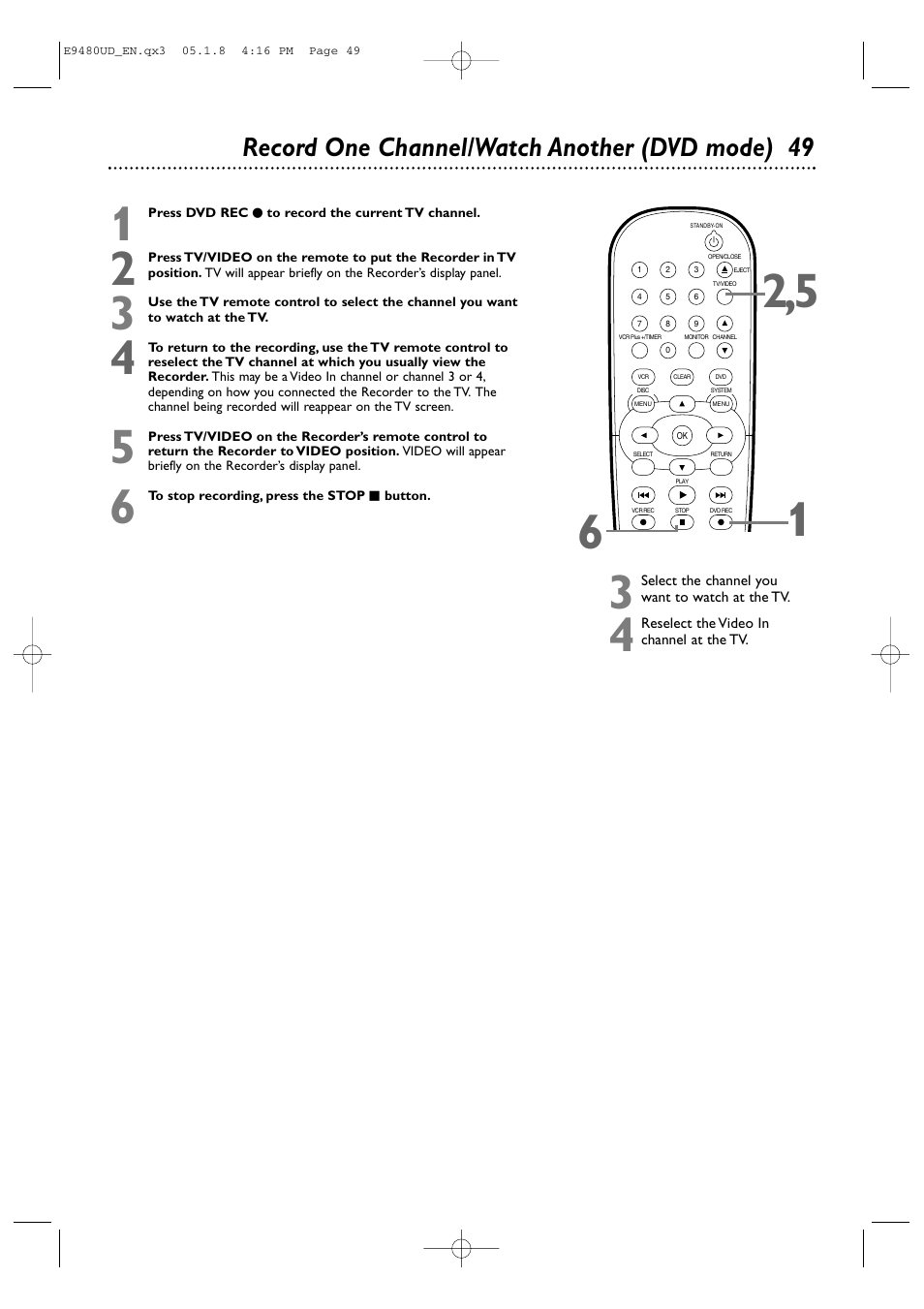 Record one channel/watch another (dvd mode) 49 | Philips DVDR600VR-37B User Manual | Page 49 / 88