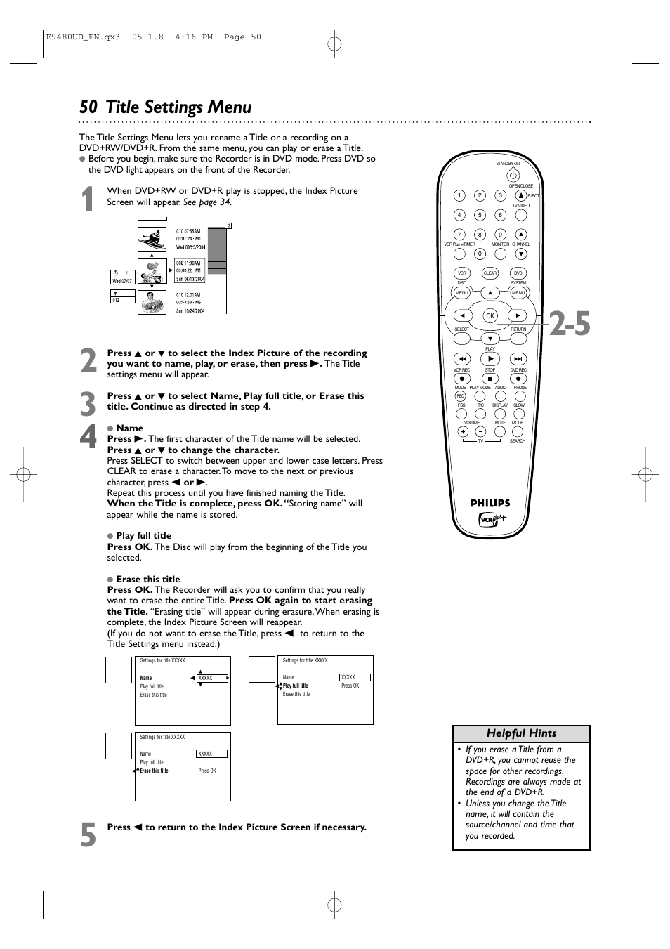 50 title settings menu, Helpful hints | Philips DVDR600VR-37B User Manual | Page 50 / 88