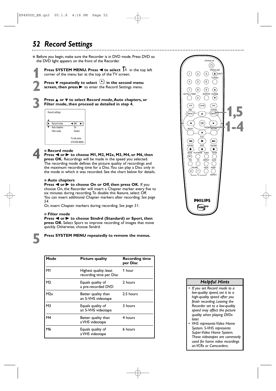 52 record settings, Helpful hints | Philips DVDR600VR-37B User Manual | Page 52 / 88