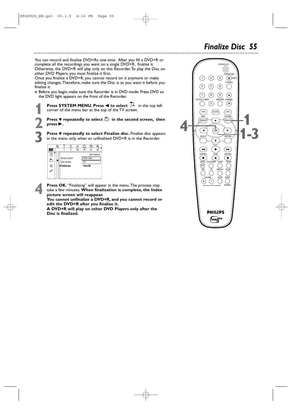 Finalize disc 55 | Philips DVDR600VR-37B User Manual | Page 55 / 88