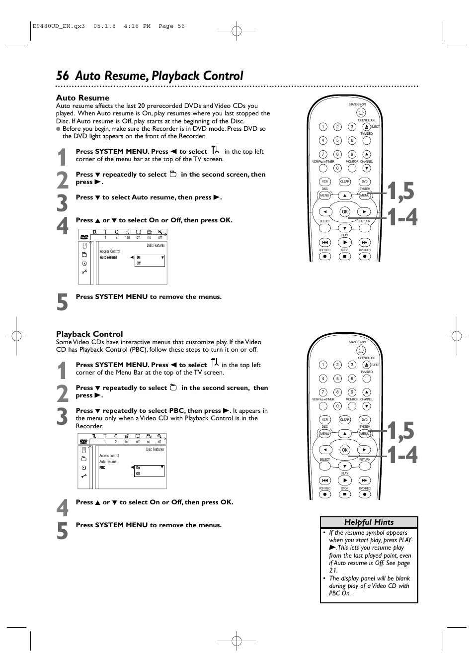 56 auto resume, playback control, Auto resume, Playback control | Helpful hints | Philips DVDR600VR-37B User Manual | Page 56 / 88