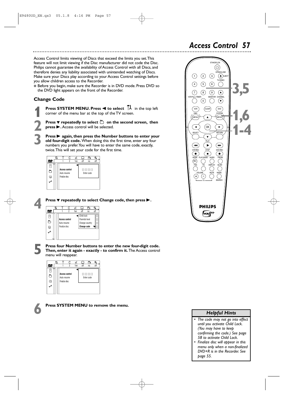 Access control 57, Change code, Helpful hints | Philips DVDR600VR-37B User Manual | Page 57 / 88