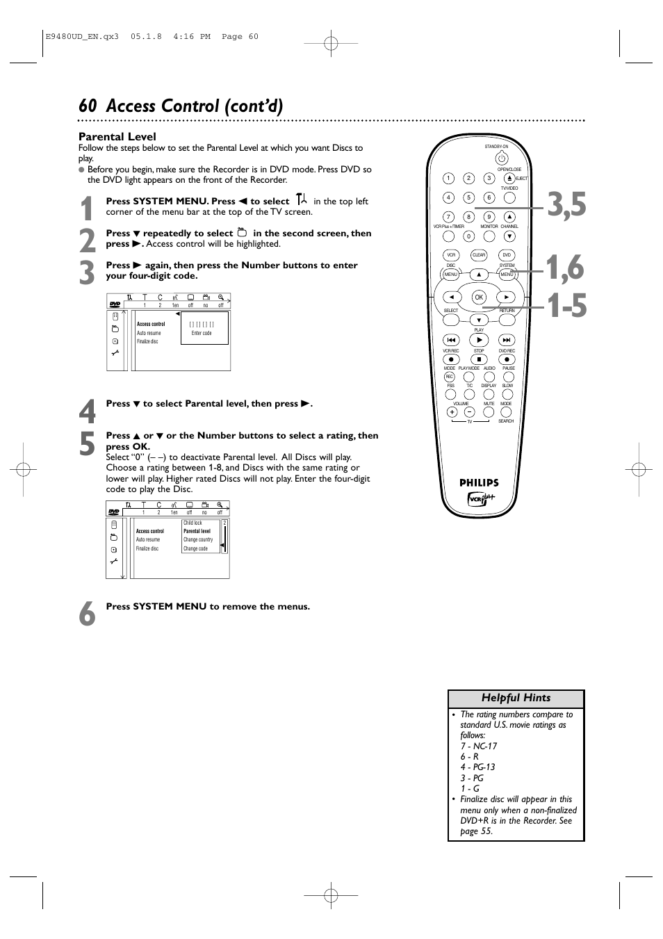 60 access control (cont’d), Parental level, Helpful hints | Philips DVDR600VR-37B User Manual | Page 60 / 88