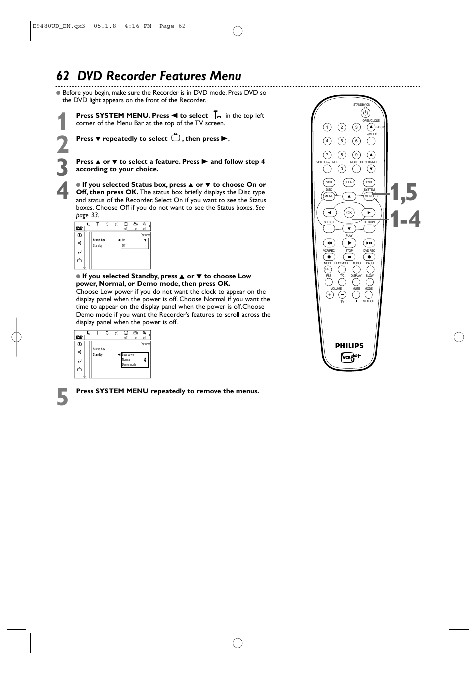 62 dvd recorder features menu | Philips DVDR600VR-37B User Manual | Page 62 / 88