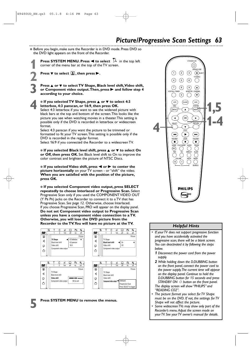 Picture/progressive scan settings 63, Helpful hints | Philips DVDR600VR-37B User Manual | Page 63 / 88