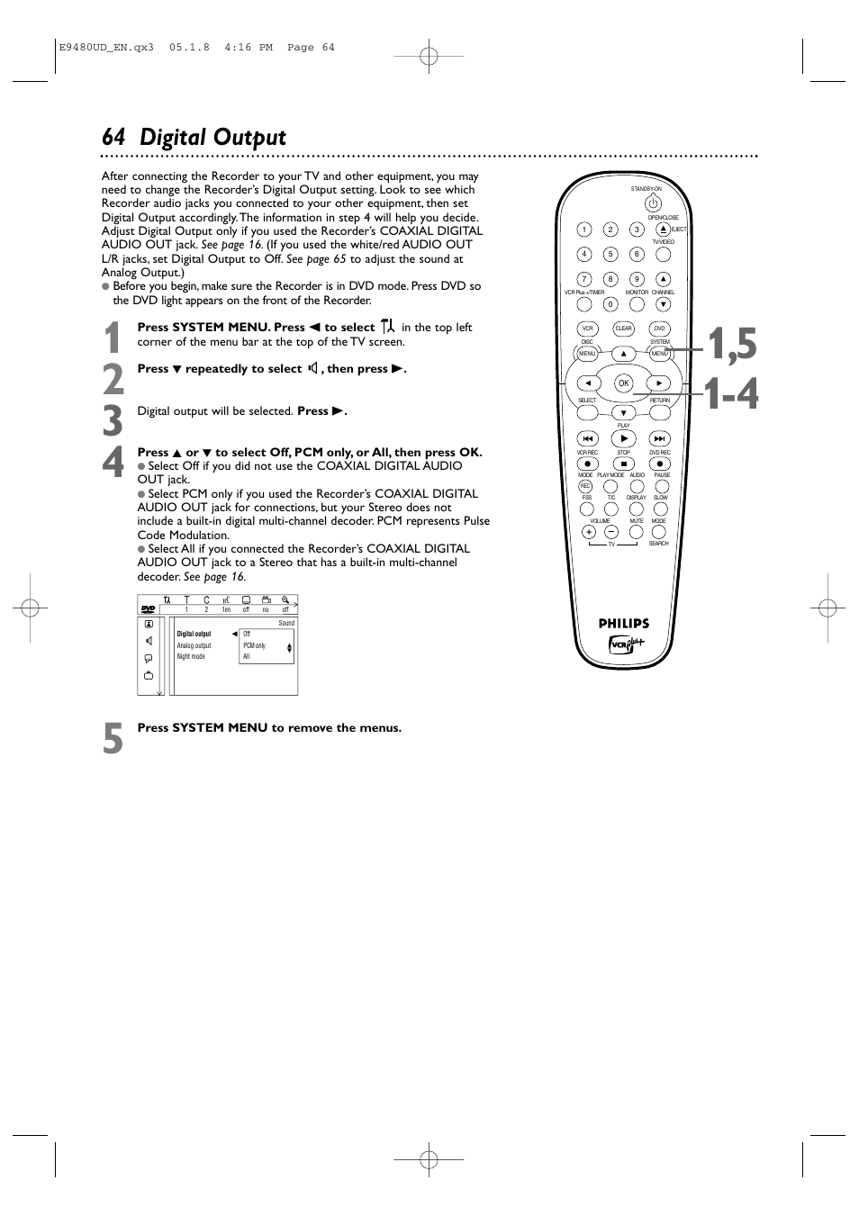 64 digital output | Philips DVDR600VR-37B User Manual | Page 64 / 88