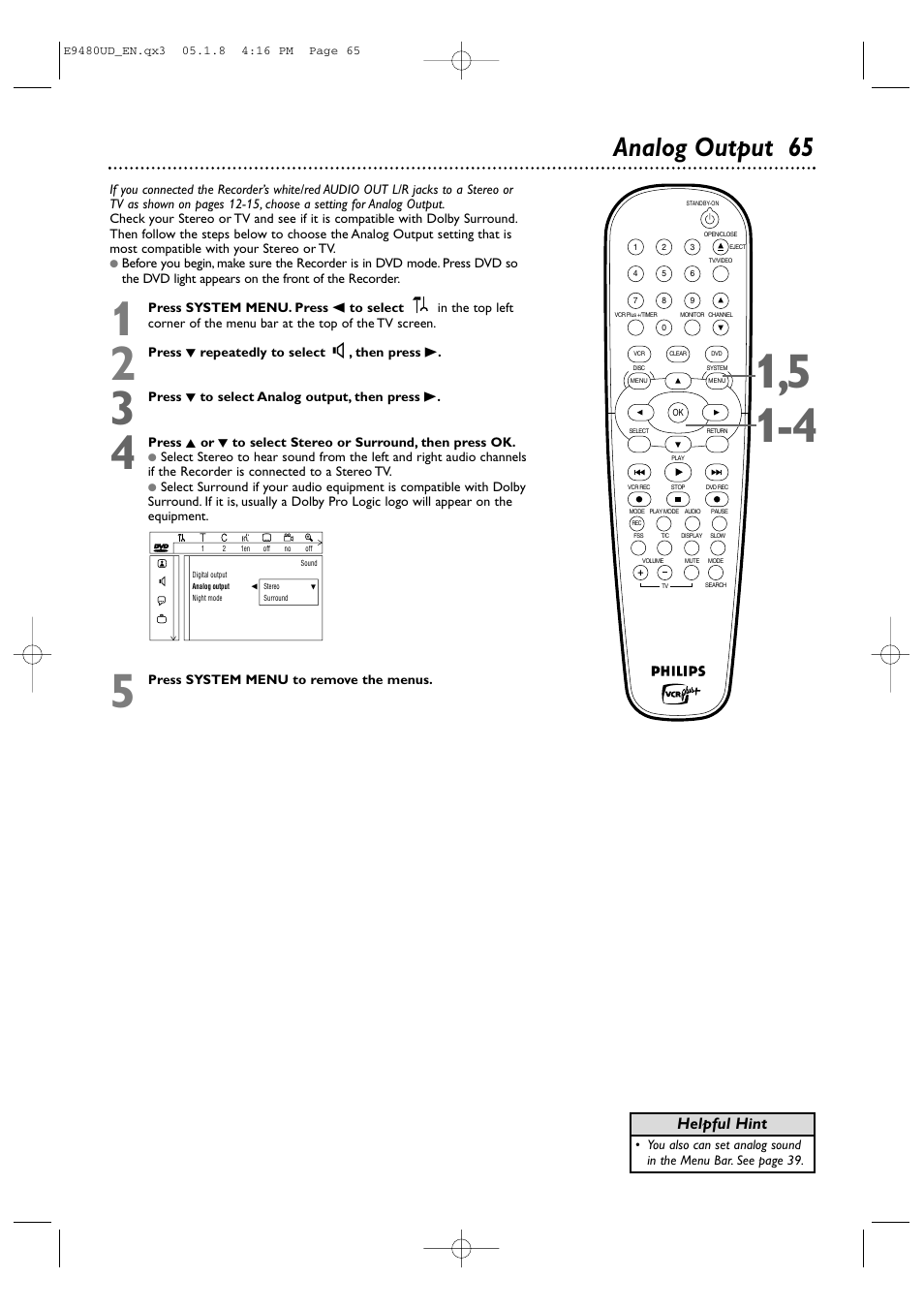 Analog output 65, Helpful hint | Philips DVDR600VR-37B User Manual | Page 65 / 88