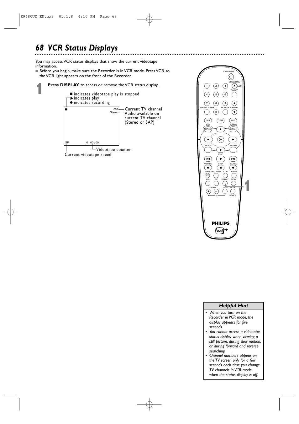 68 vcr status displays, Helpful hint | Philips DVDR600VR-37B User Manual | Page 68 / 88