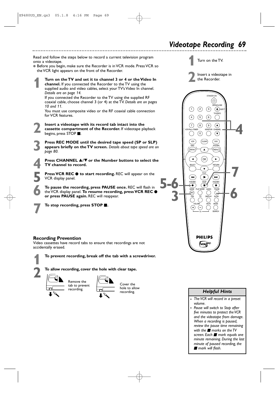 Videotape recording 69 | Philips DVDR600VR-37B User Manual | Page 69 / 88