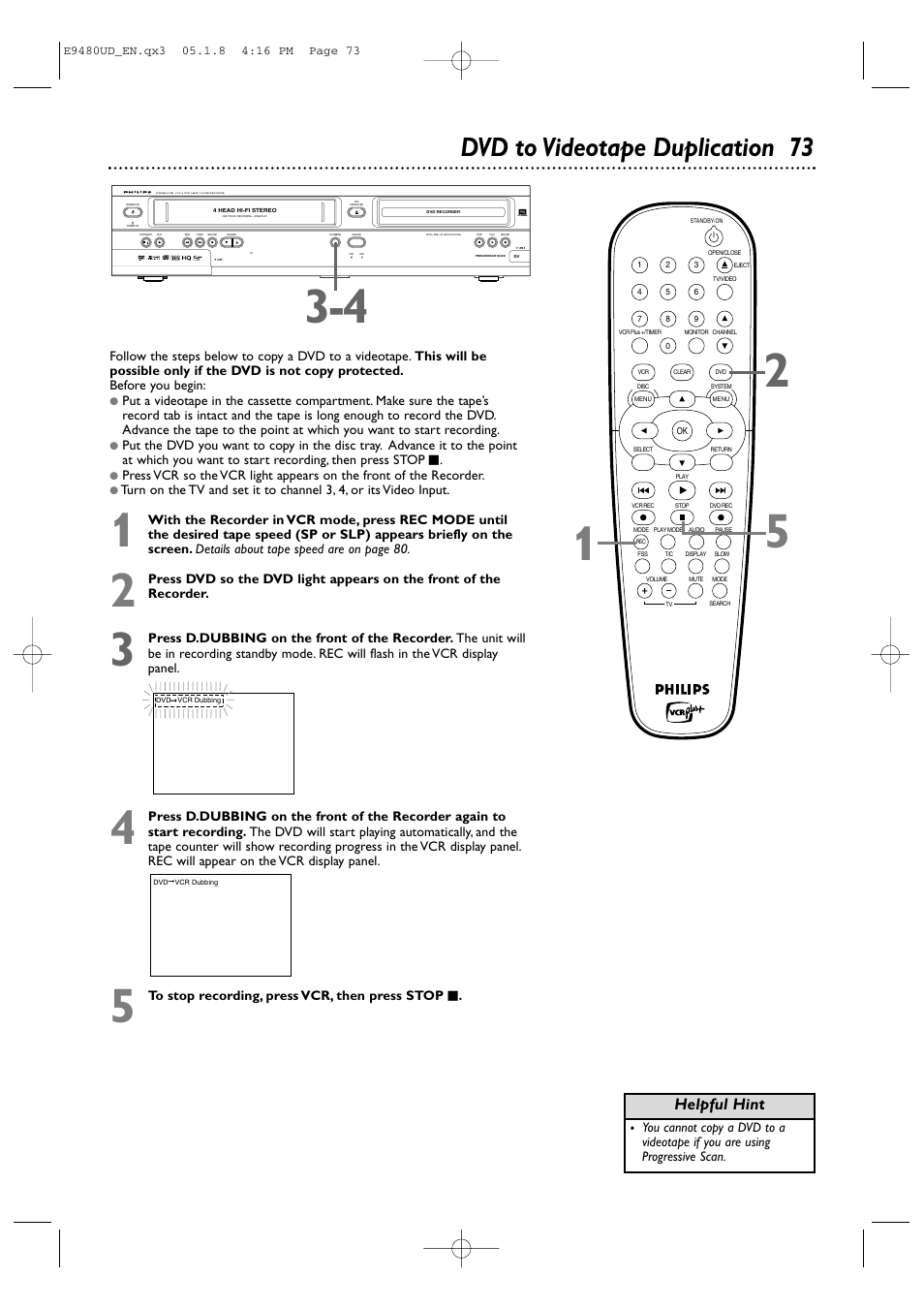 Dvd to videotape duplication 73, Helpful hint | Philips DVDR600VR-37B User Manual | Page 73 / 88