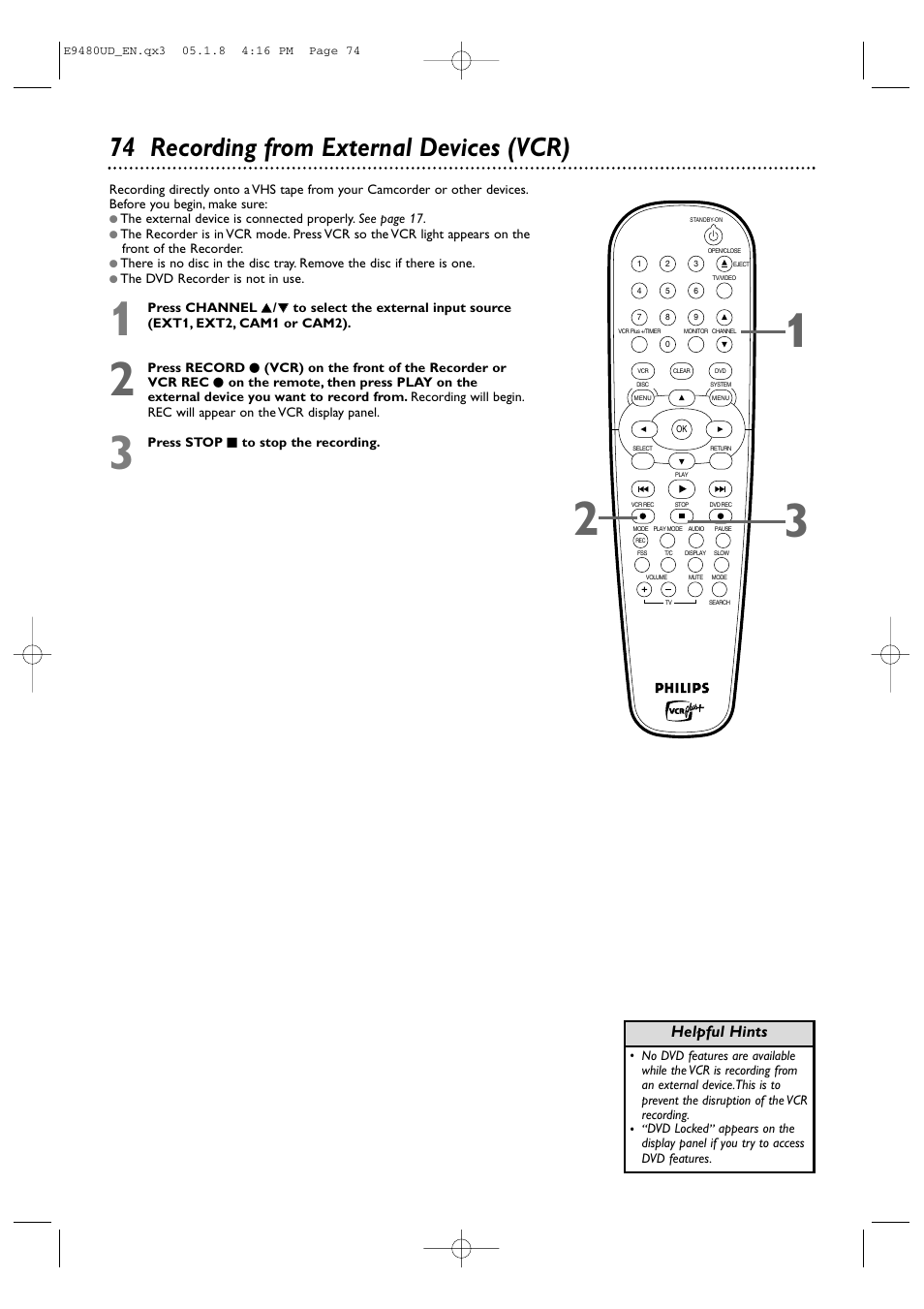 74 recording from external devices (vcr), Helpful hints | Philips DVDR600VR-37B User Manual | Page 74 / 88