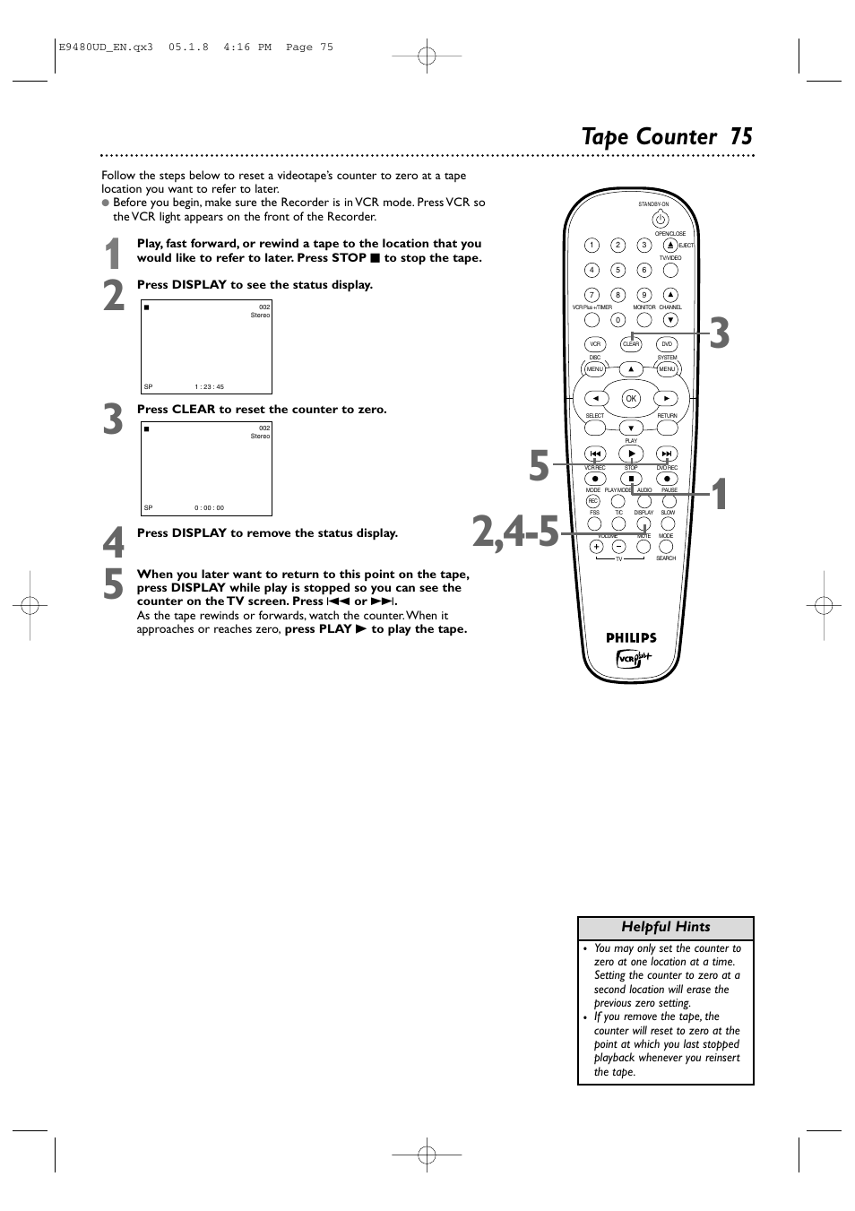 Tape counter 75 | Philips DVDR600VR-37B User Manual | Page 75 / 88