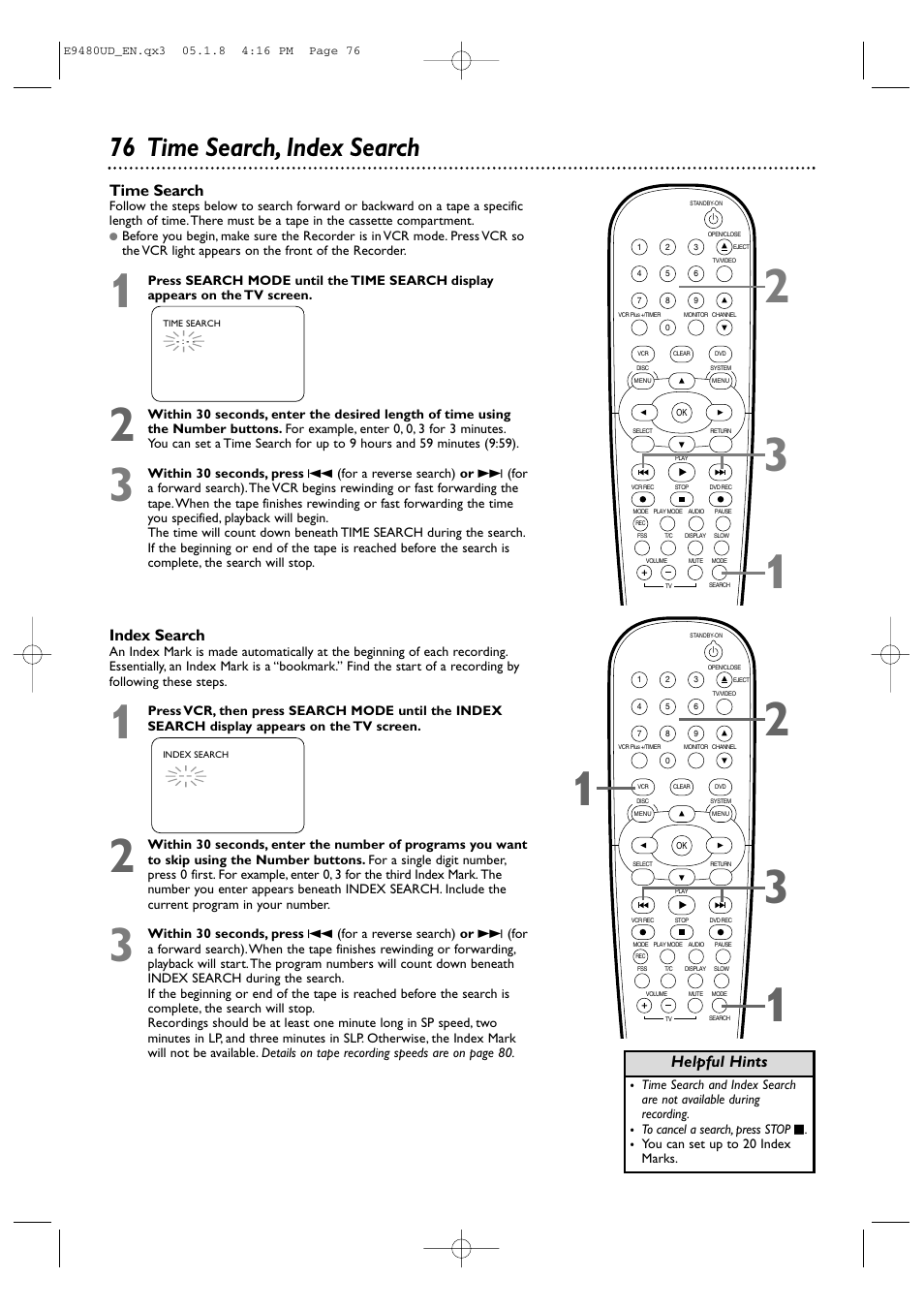 76 time search, index search, Helpful hints time search, Index search | Philips DVDR600VR-37B User Manual | Page 76 / 88