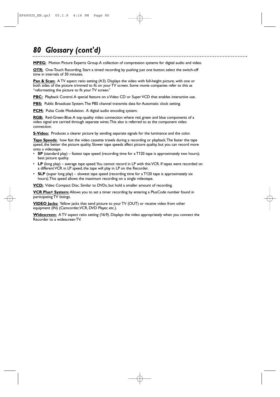 80 glossary (cont'd) | Philips DVDR600VR-37B User Manual | Page 80 / 88