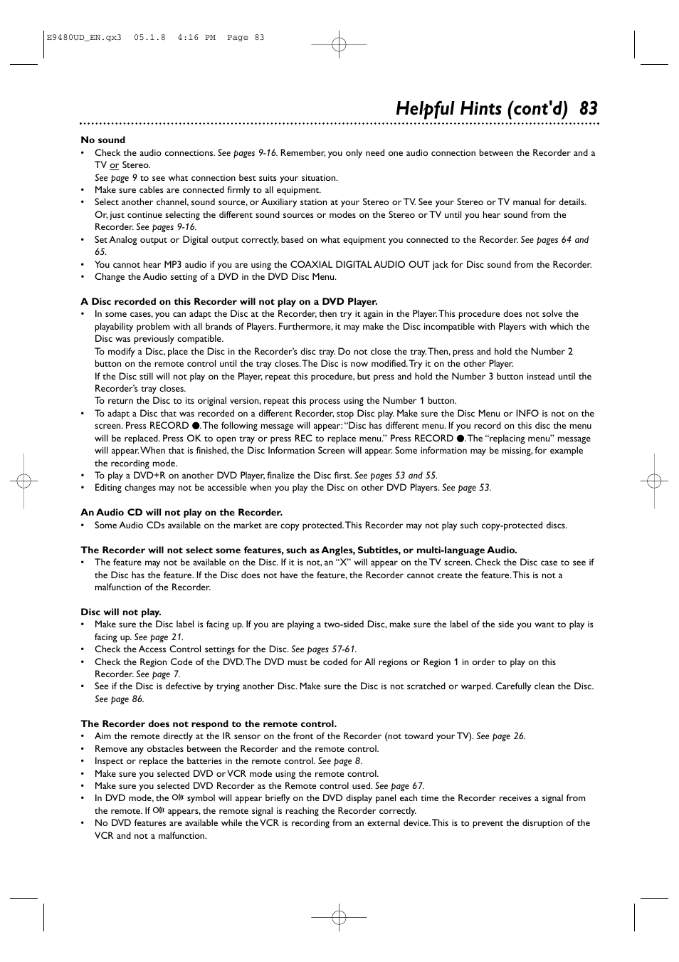 Helpful hints (cont'd) 83 | Philips DVDR600VR-37B User Manual | Page 83 / 88