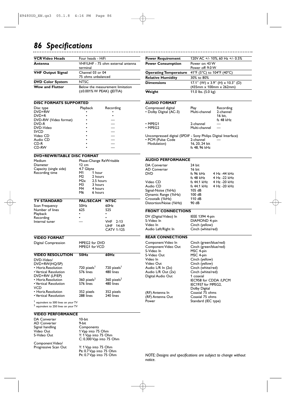 86 specifications | Philips DVDR600VR-37B User Manual | Page 86 / 88