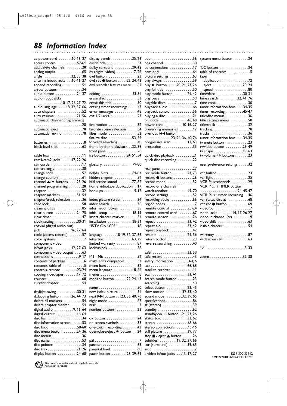 88 information index | Philips DVDR600VR-37B User Manual | Page 88 / 88