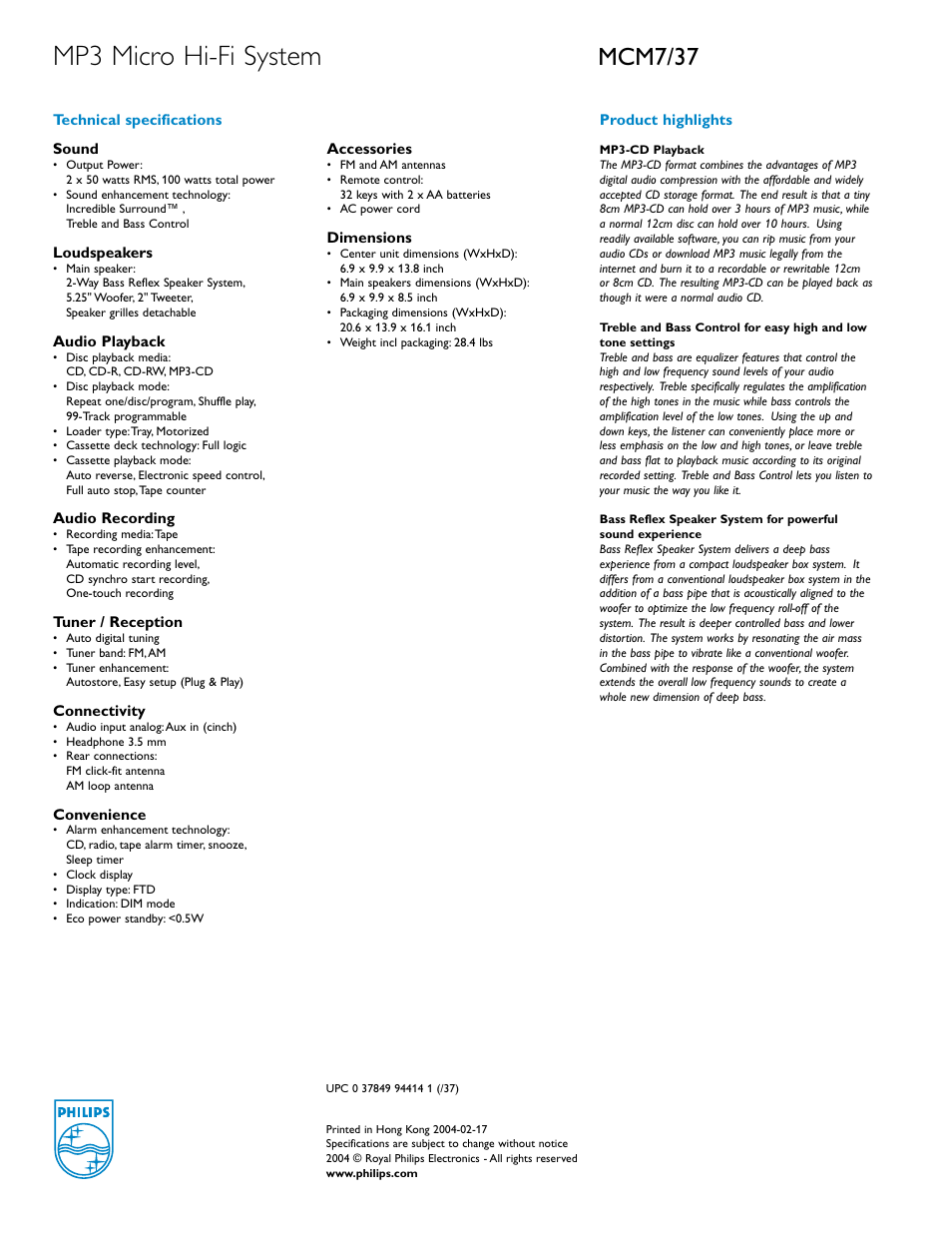 Mp3 micro hi-fi system, Mcm7/37 | Philips MCM7-37 User Manual | Page 2 / 2