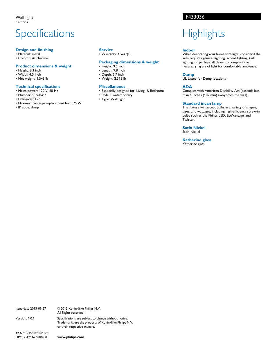 Specifications, Highlights | Philips F433036 User Manual | Page 2 / 2