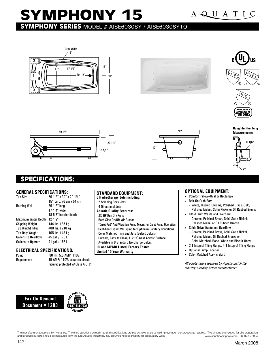 Aquatic SYMPHONY 15 AISe6030SY User Manual | 1 page