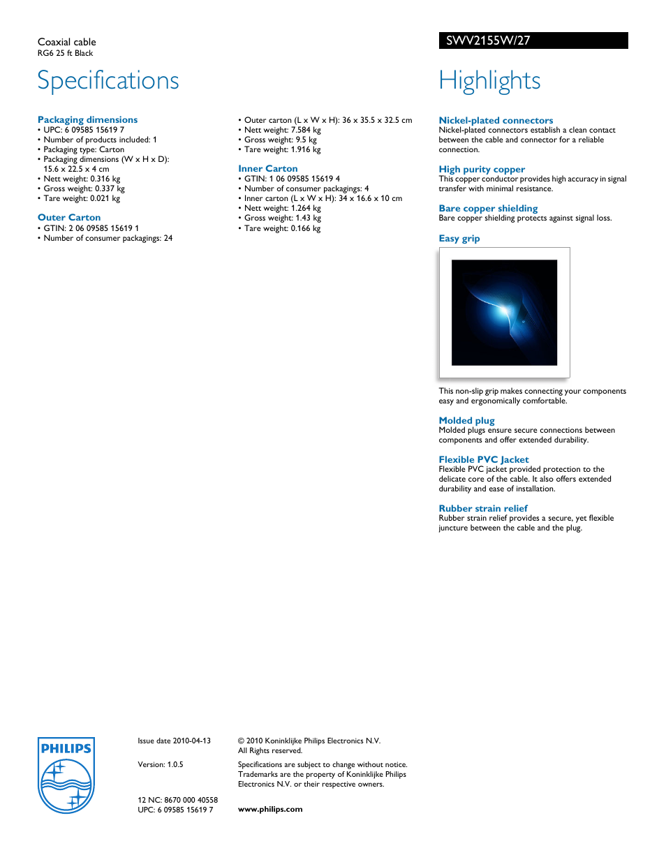 Specifications, Highlights | Philips SWV2155W-27 User Manual | Page 2 / 2