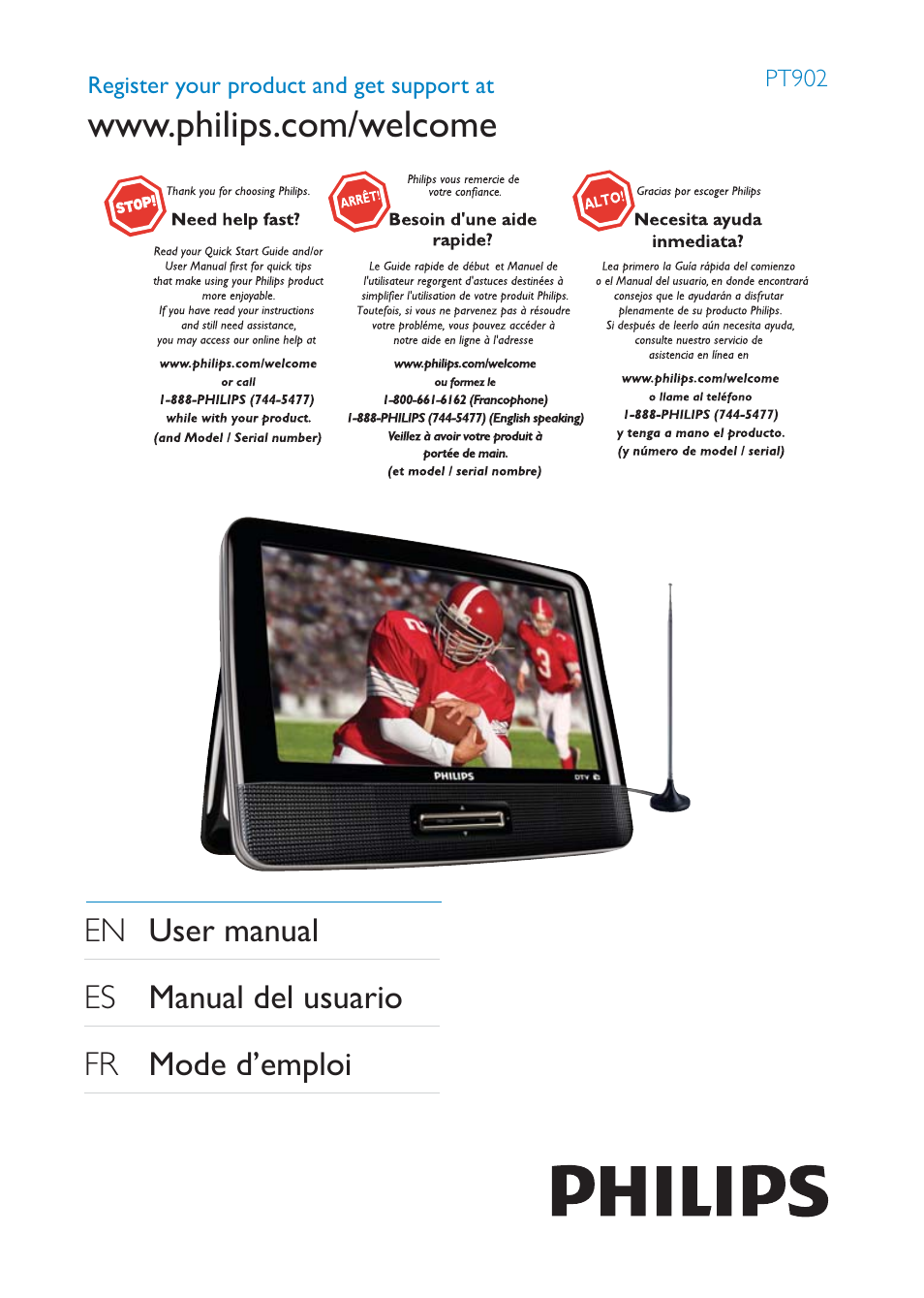 Philips Portable TV PT902 22.9 cm 9" LCD 3hr playtime DTV User Manual | 31 pages