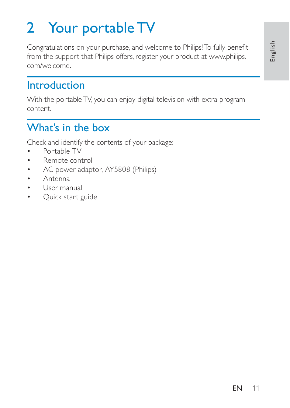 2 your portable tv, Introduction, What’s in the box | Philips Portable TV PT902 22.9 cm 9" LCD 3hr playtime DTV User Manual | Page 11 / 31