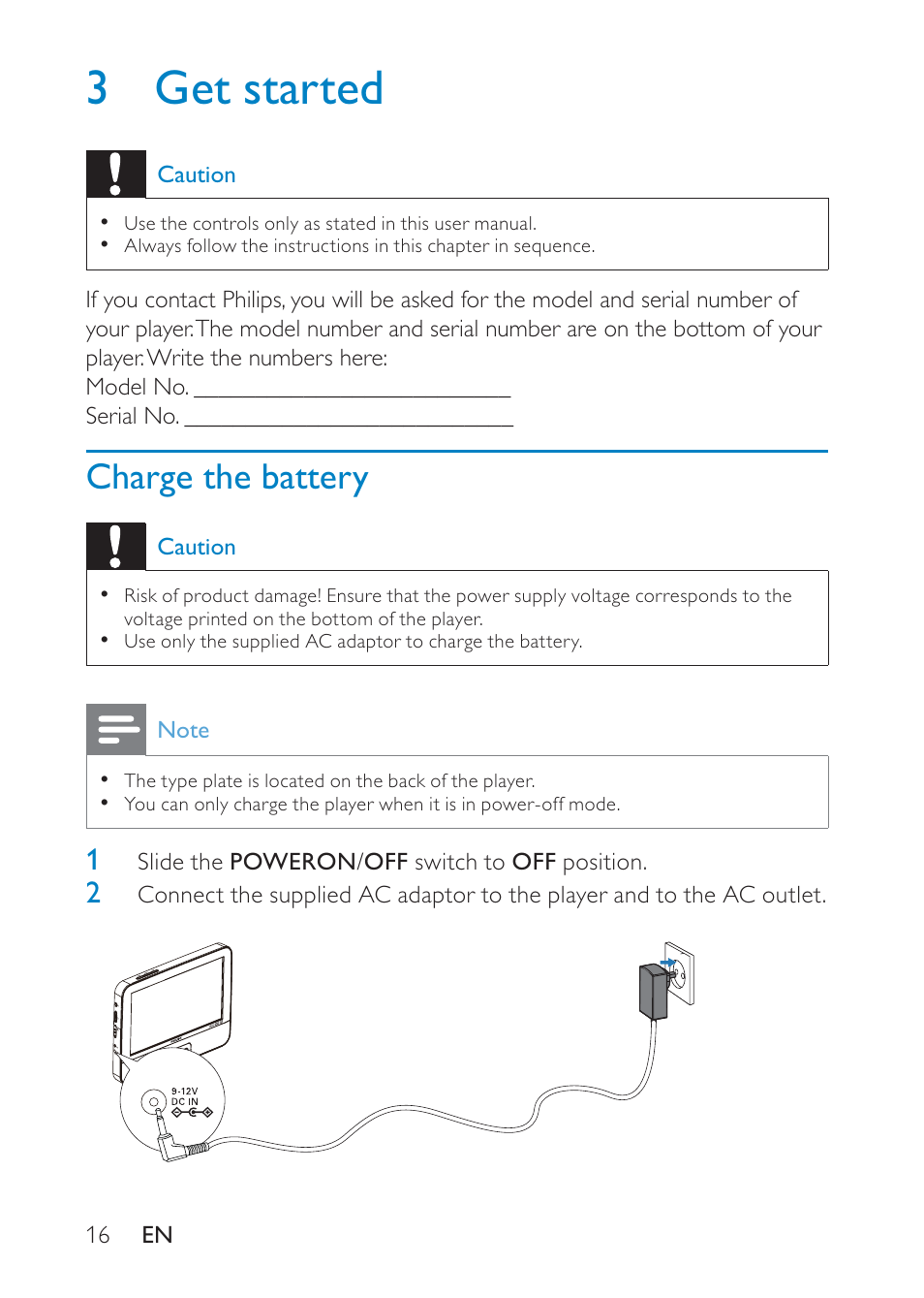 3 get started | Philips Portable TV PT902 22.9 cm 9" LCD 3hr playtime DTV User Manual | Page 16 / 31