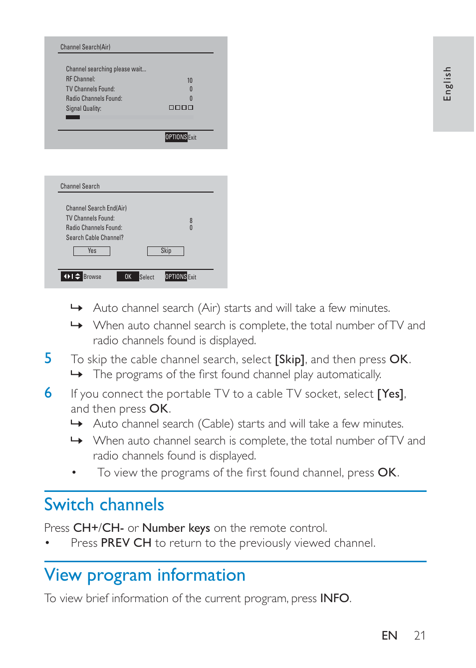 Switch channels, View program information | Philips Portable TV PT902 22.9 cm 9" LCD 3hr playtime DTV User Manual | Page 21 / 31