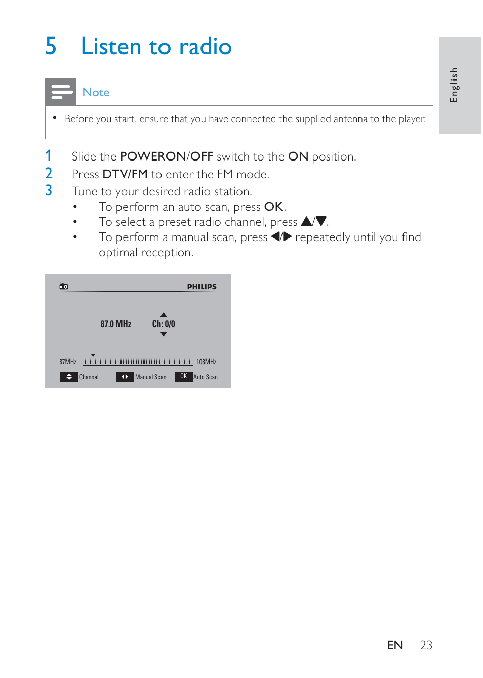 5 listen to radio | Philips Portable TV PT902 22.9 cm 9" LCD 3hr playtime DTV User Manual | Page 23 / 31