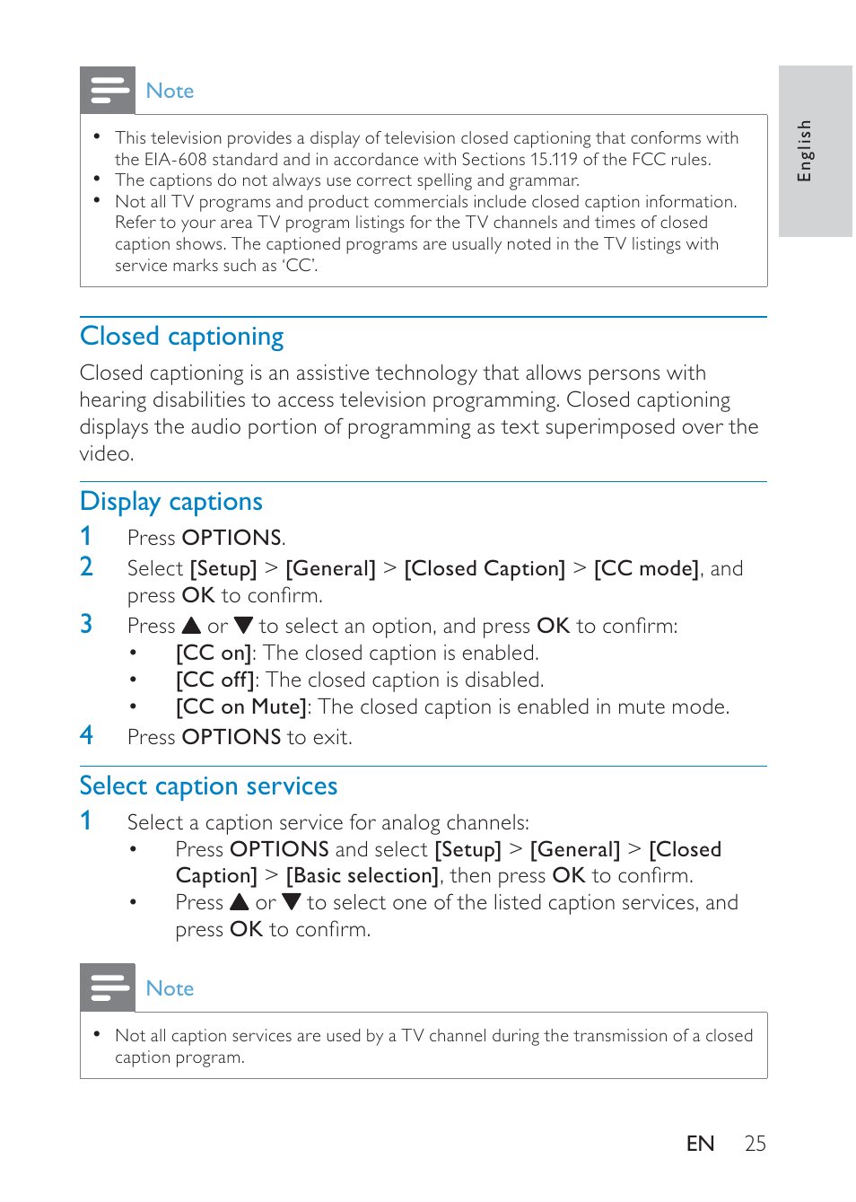 Closed captioning, Display captions 1, Select caption services 1 | Philips Portable TV PT902 22.9 cm 9" LCD 3hr playtime DTV User Manual | Page 25 / 31