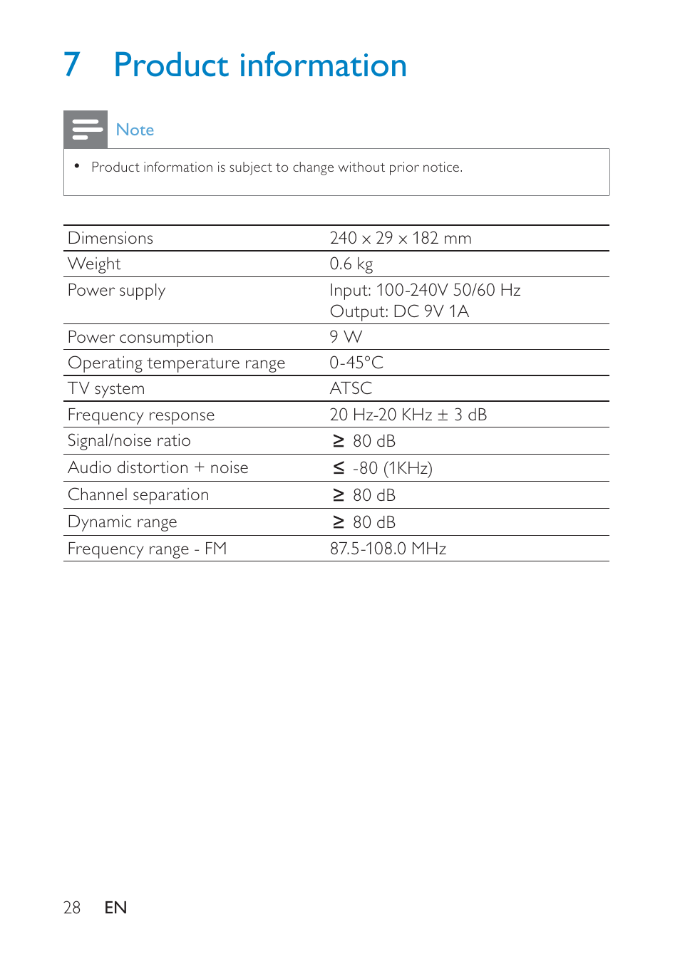 7 product information | Philips Portable TV PT902 22.9 cm 9" LCD 3hr playtime DTV User Manual | Page 28 / 31