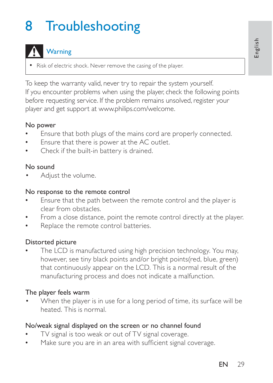 8 troubleshooting | Philips Portable TV PT902 22.9 cm 9" LCD 3hr playtime DTV User Manual | Page 29 / 31