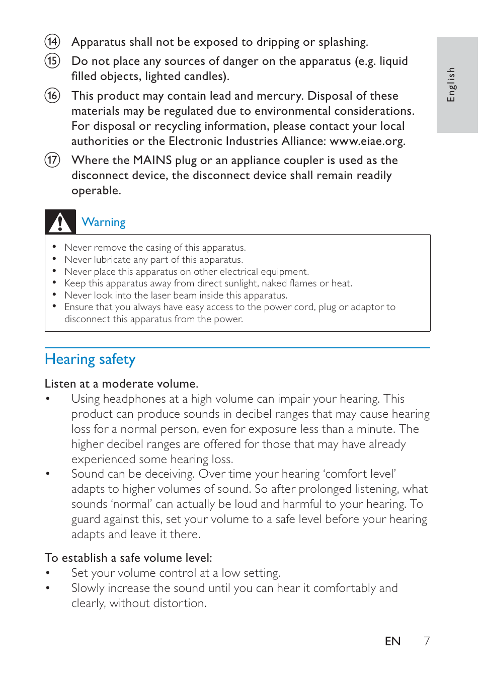 Hearing safety | Philips Portable TV PT902 22.9 cm 9" LCD 3hr playtime DTV User Manual | Page 7 / 31